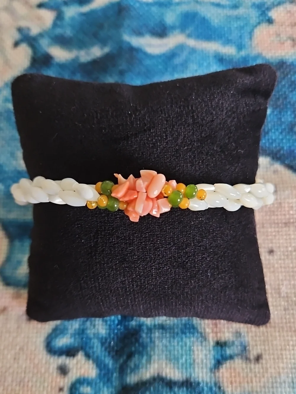 Vintage Mother of Pearl, Coral and Jade Bracelet